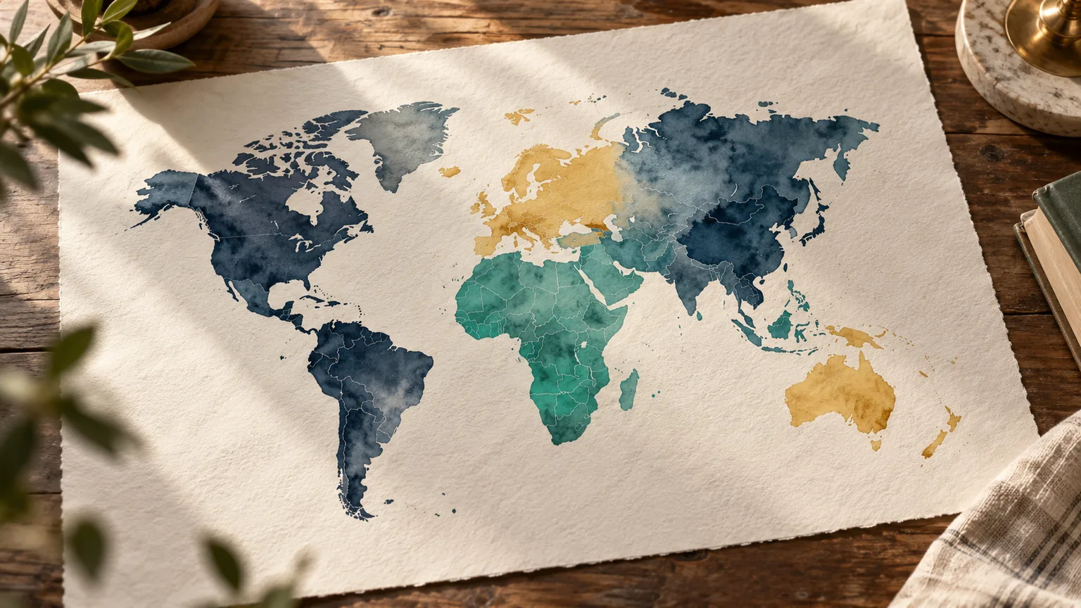 Carte du monde stylisée avec des zones colorées en bleu nuit, vert et ambre, sans texte